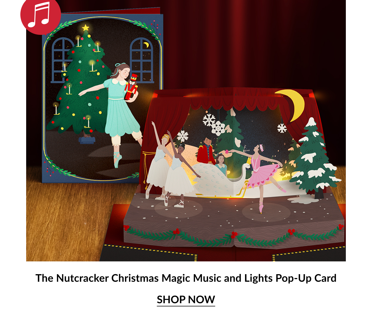 The Nutcracker Christmas Magic Music and Lights Pop Up Card with ballet stage scene and shop now