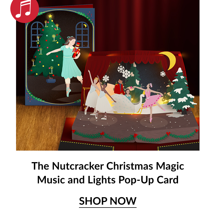 The Nutcracker Christmas Magic Music and Lights Pop Up Card with ballet stage scene and shop now