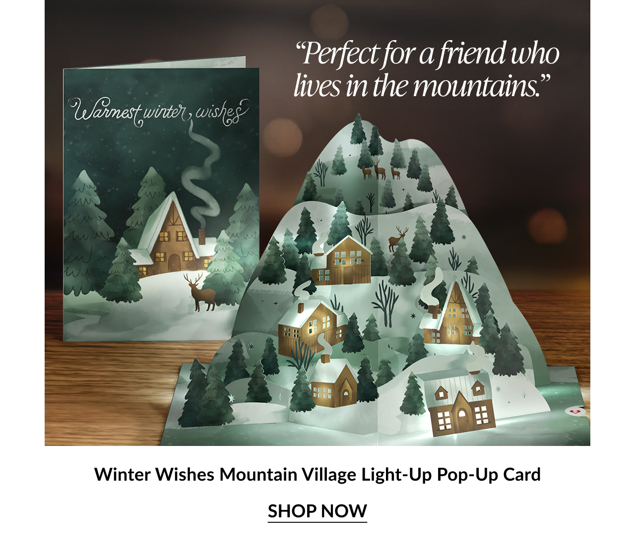 Winter Wishes Mountain Village Light Up Pop Up Card with snow covered cabins and shop now