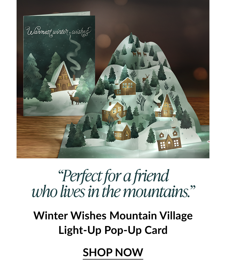 Winter Wishes Mountain Village Light Up Pop Up Card with snow covered cabins and shop now