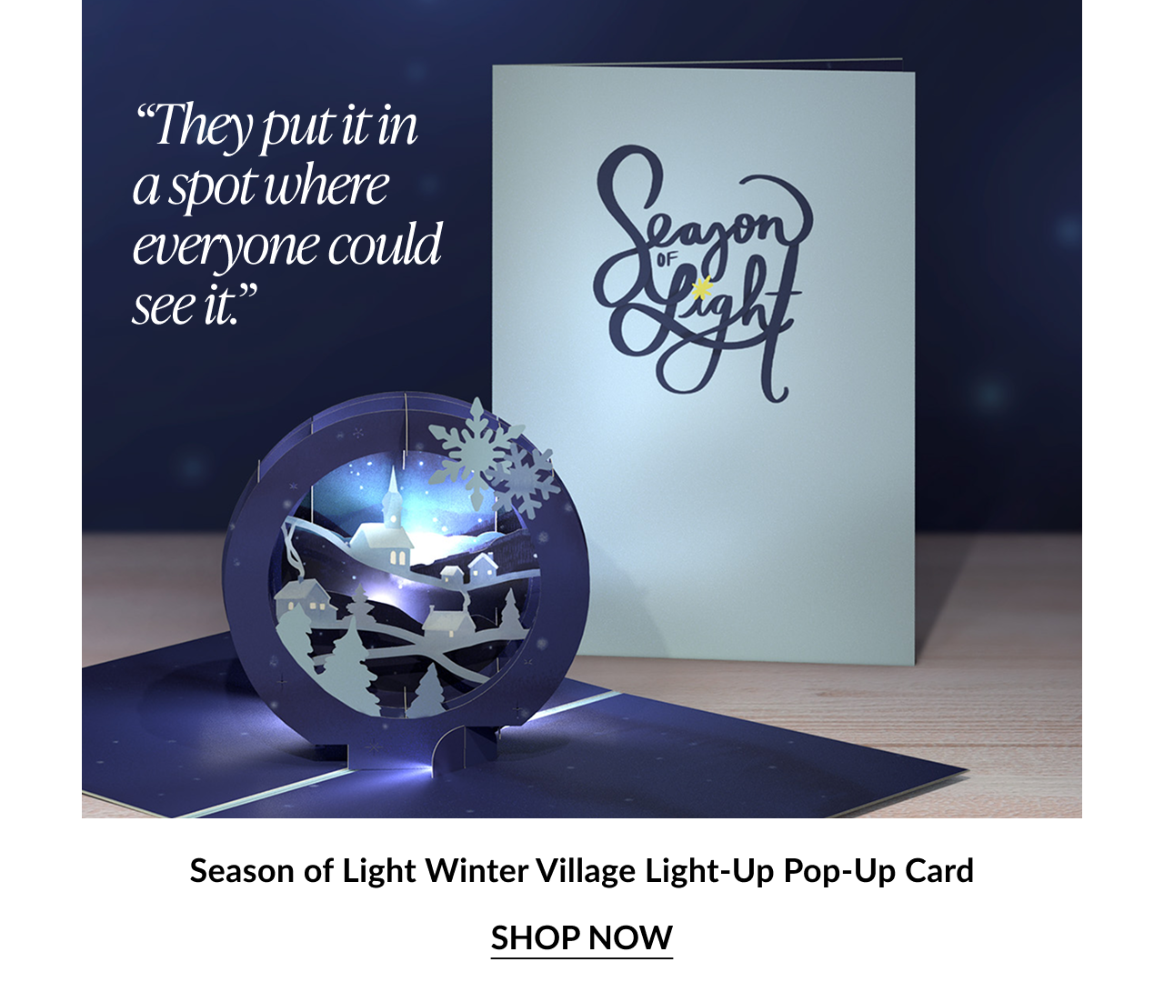 Season of Light Winter Village Light Up Pop Up Card with glowing village in blue tones and shop now