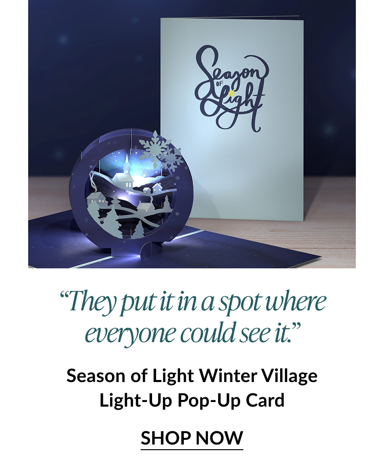 Season of Light Winter Village Light Up Pop Up Card with glowing village in blue tones and shop now