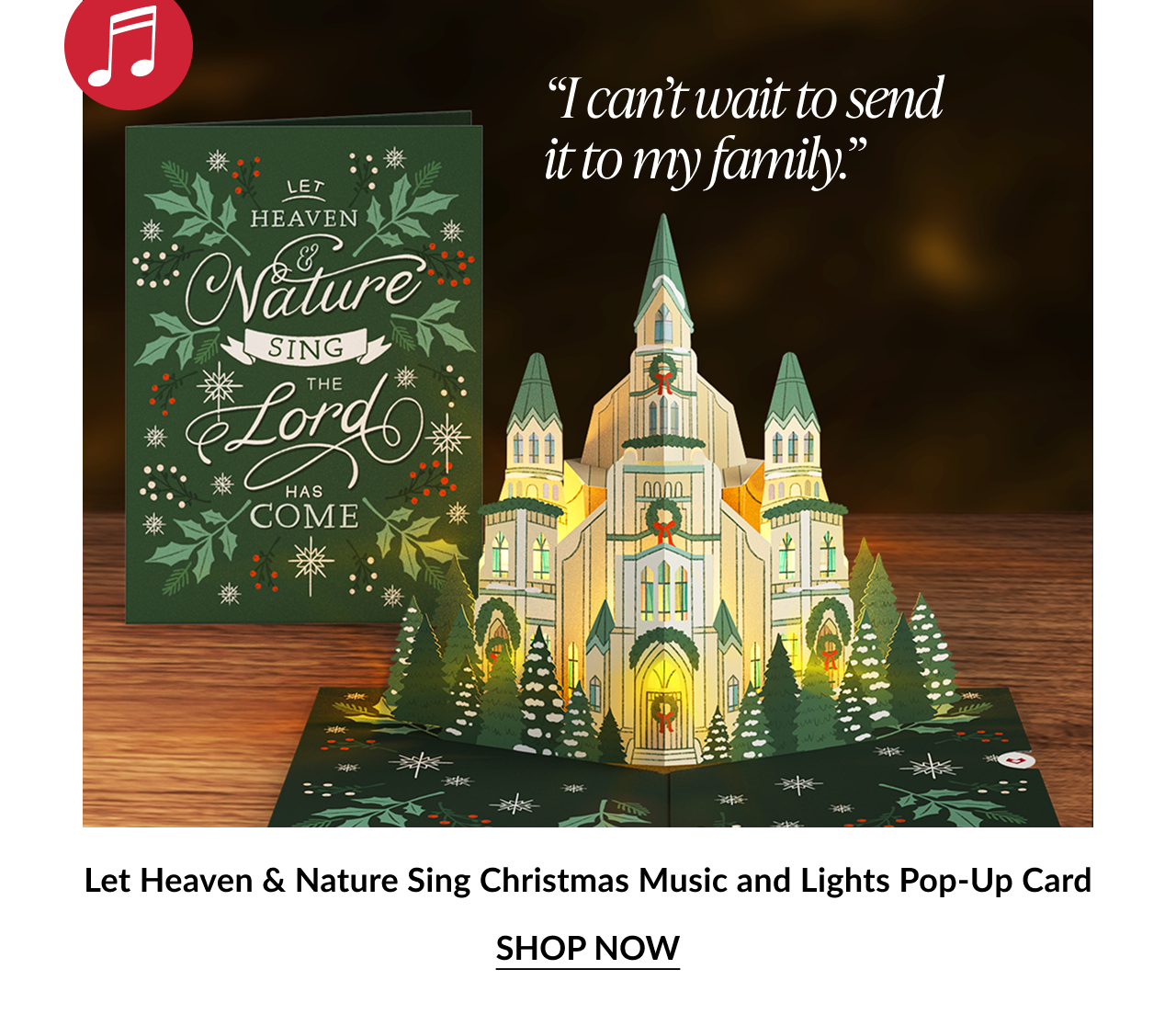 Let Heaven and Nature Sing Christmas Music and Lights Pop Up Card with glowing cathedral design and shop now