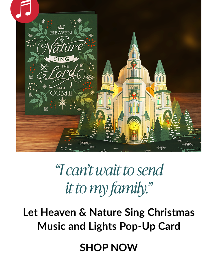 Let Heaven and Nature Sing Christmas Music and Lights Pop Up Card with glowing cathedral design and shop now