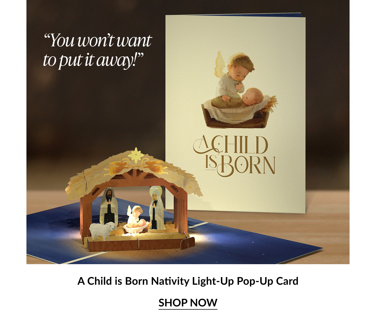 A Child is Born Nativity Light Up Pop Up Card with illuminated nativity scene and shop now