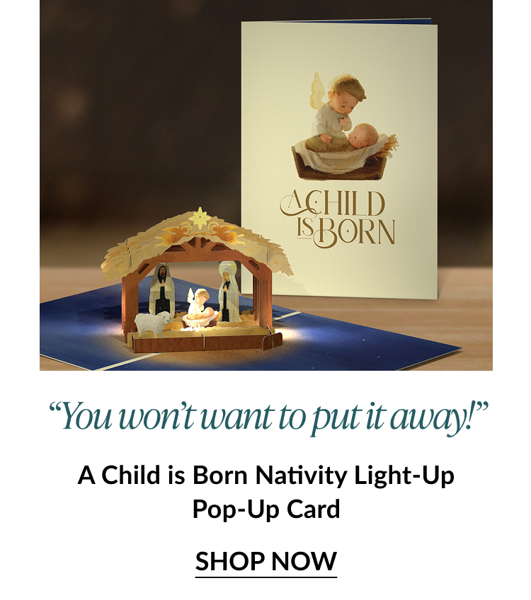 A Child is Born Nativity Light Up Pop Up Card with illuminated nativity scene and shop now