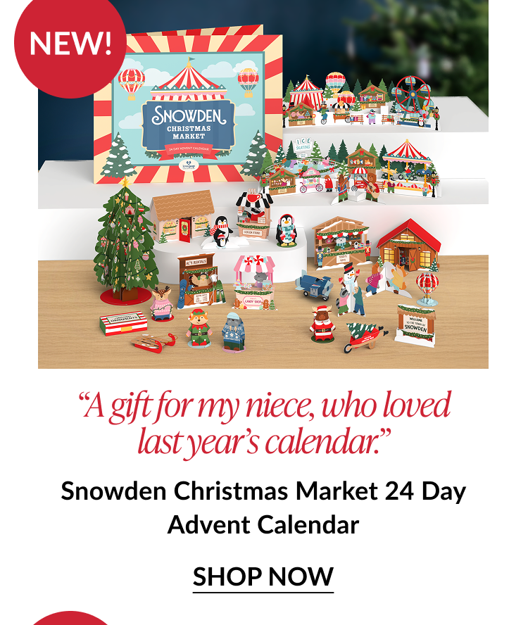 Product photo of Snowden Christmas Market Advent Calendar with miniature Christmas village and penguin figures labeled as new with testimonial quote about a niece loving last year’s calendar
