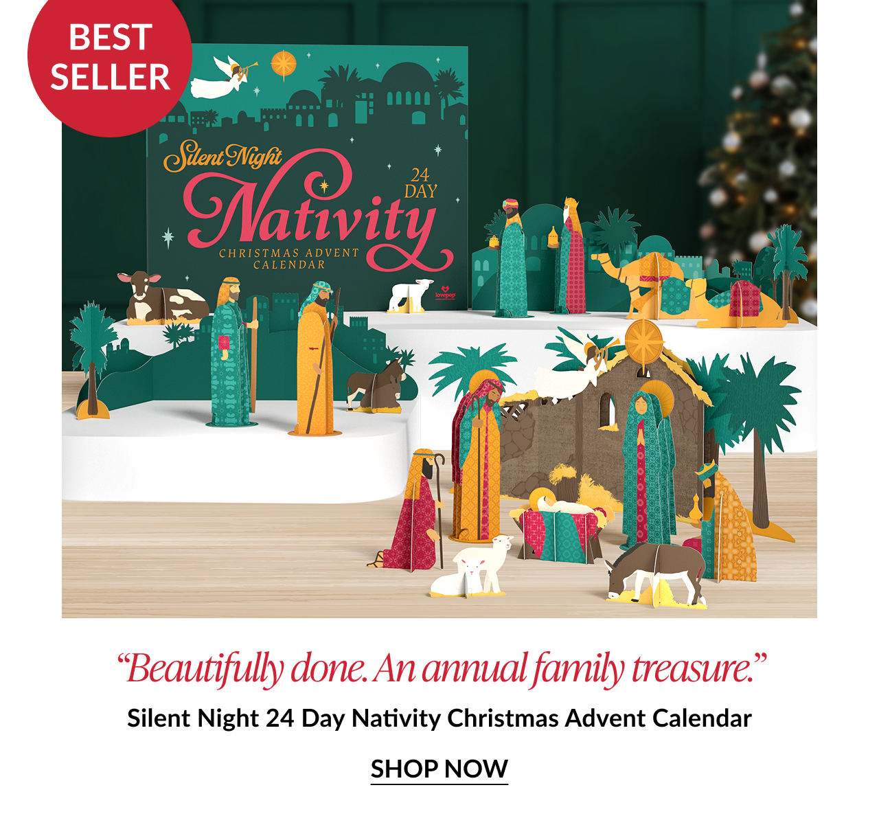 Product photo of Silent Night Nativity Advent Calendar showing colorful nativity scene figures and labeled best seller with testimonial quote calling it an annual family treasure
