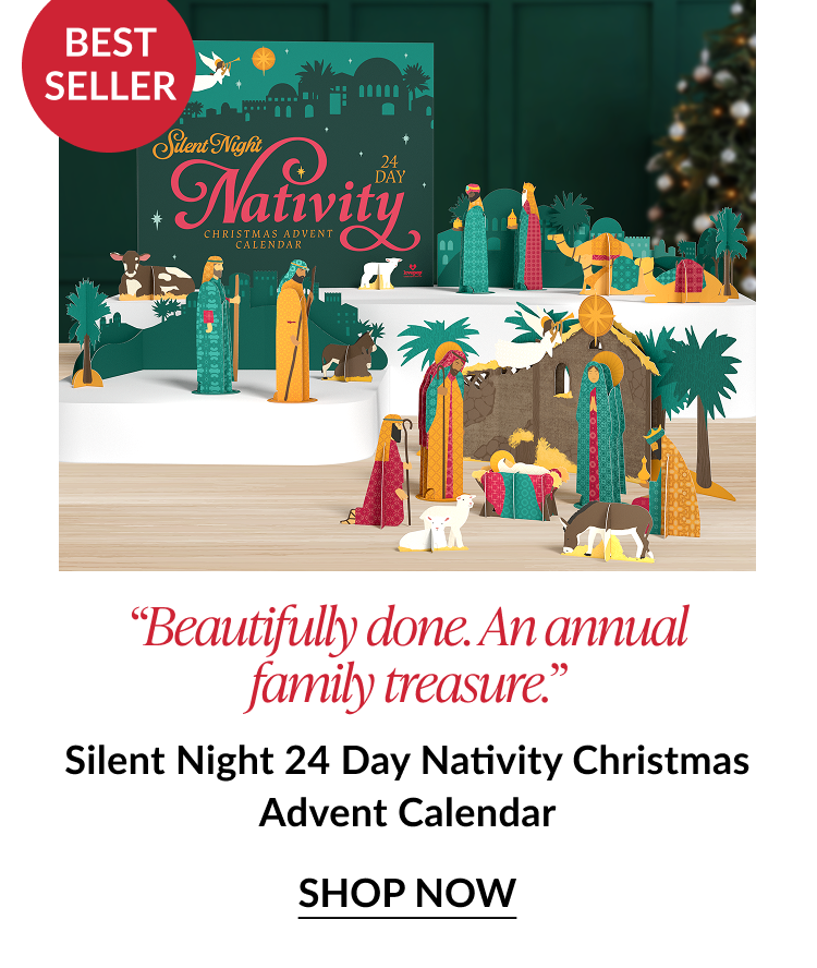 Product photo of Silent Night Nativity Advent Calendar showing colorful nativity scene figures and labeled best seller with testimonial quote calling it an annual family treasure