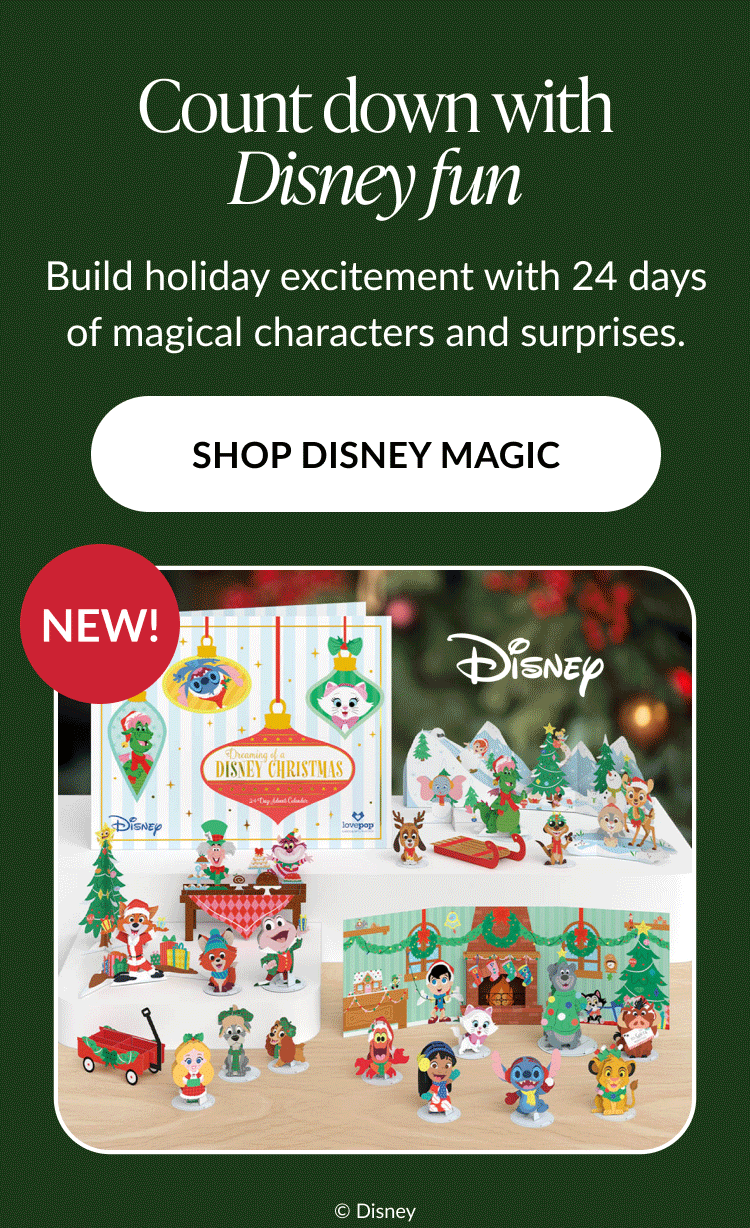 Green background with headline count down with Disney fun and image of Dreaming of a Disney Christmas Advent Calendar featuring characters like Stitch Simba and Minnie Mouse surrounded by festive holiday scenes