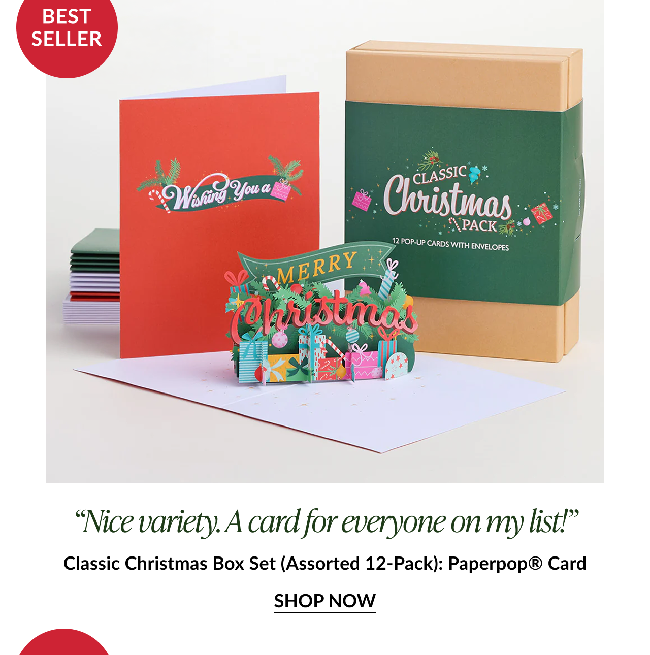 Classic Christmas box set with red and green pop up Merry Christmas card labeled Best Seller