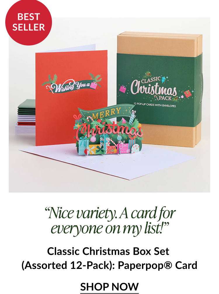 Classic Christmas box set with red and green pop up Merry Christmas card labeled Best Seller