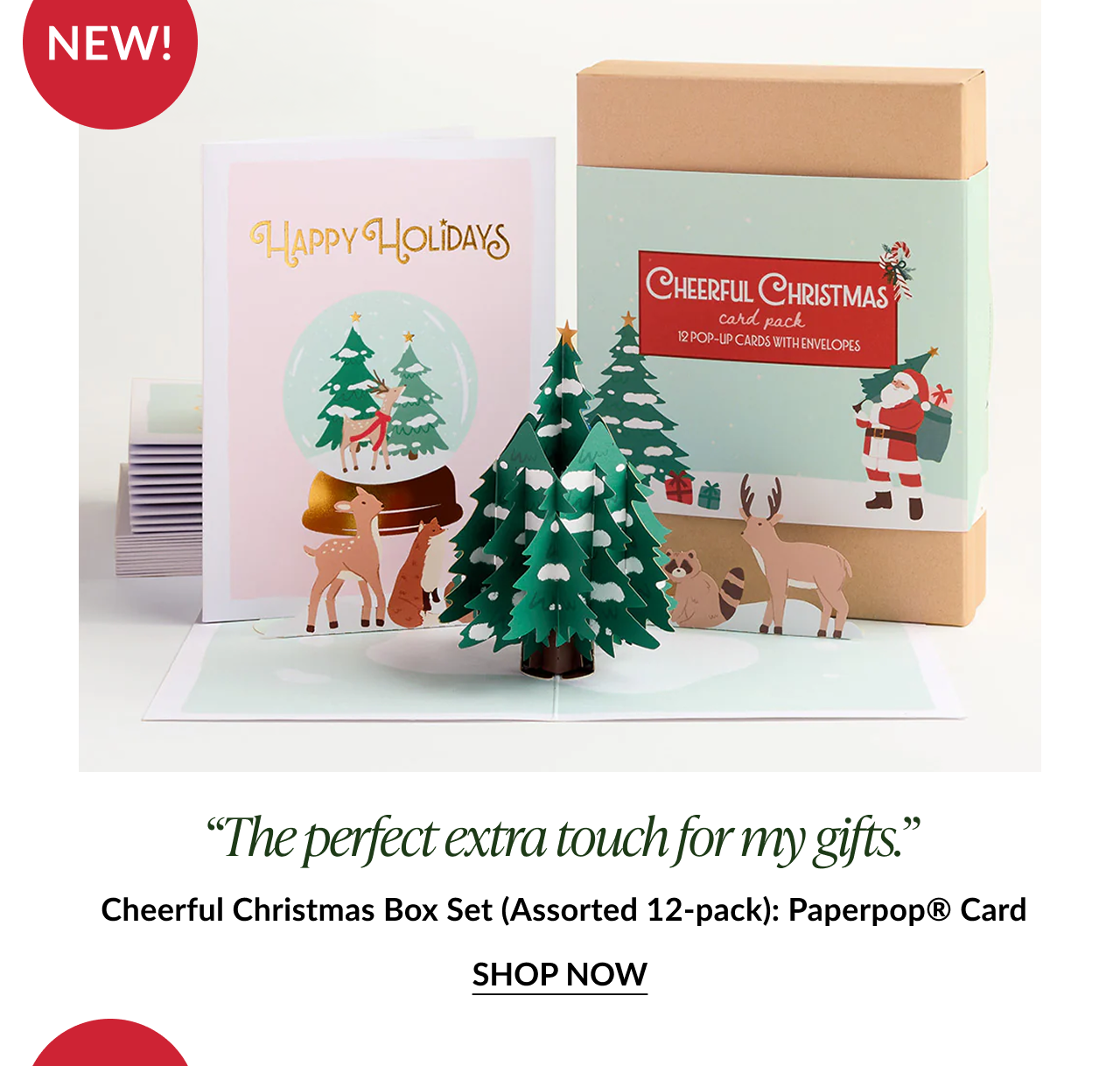 Cheerful Christmas box set with Happy Holidays card featuring deer raccoon and pop up evergreen tree labeled New