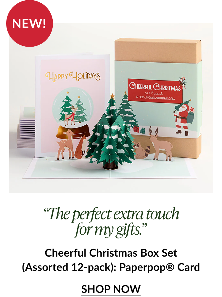 Cheerful Christmas box set with Happy Holidays card featuring deer raccoon and pop up evergreen tree labeled New