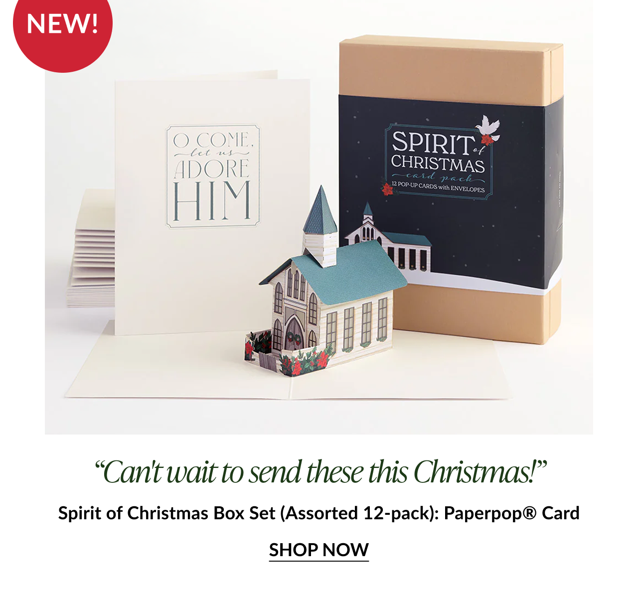 Spirit of Christmas box set with O Come Let Us Adore Him card and pop up white church labeled New