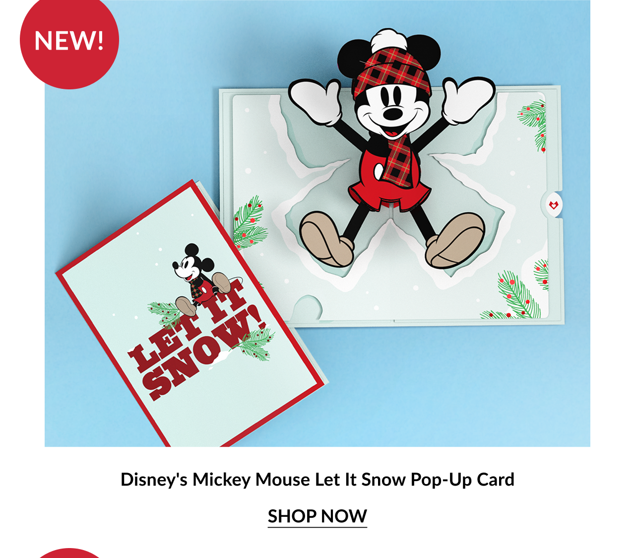 Disney Mickey Mouse Let It Snow pop up card featuring Mickey in winter outfit labeled New