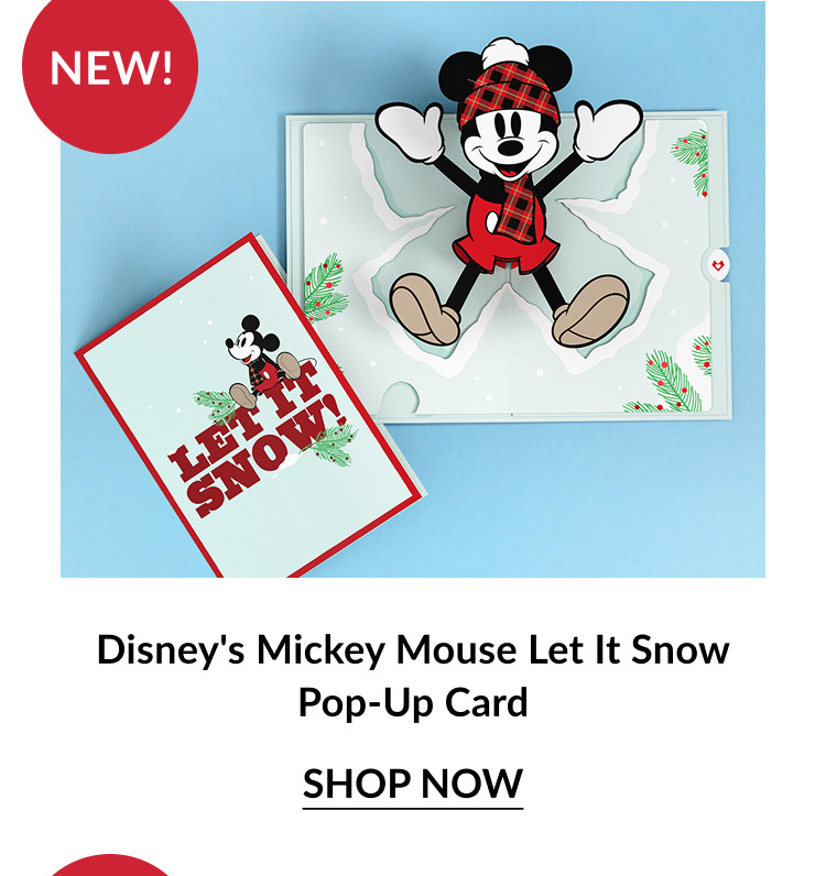 Disney Mickey Mouse Let It Snow pop up card featuring Mickey in winter outfit labeled New