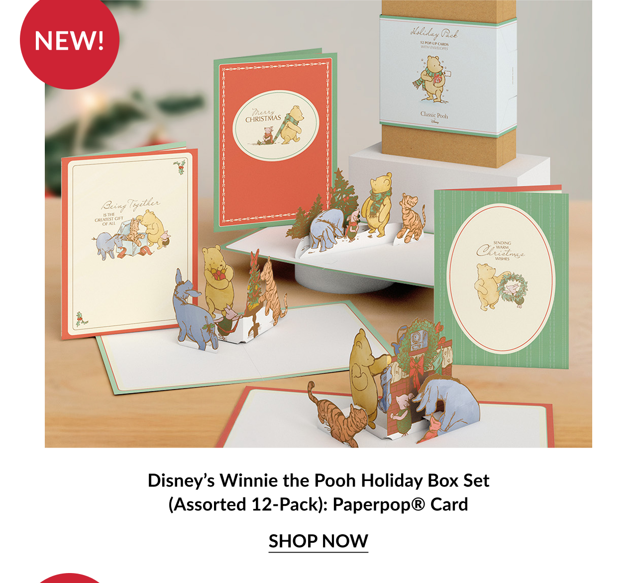 Disney Winnie the Pooh holiday box set with pop up cards showing Pooh Piglet and friends celebrating Christmas labeled New