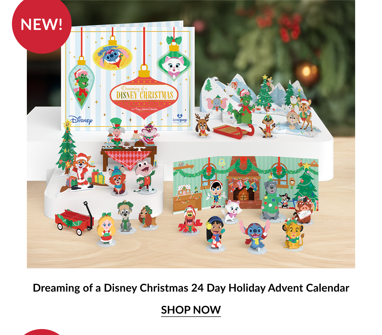 Dreaming of a Disney Christmas 24 day holiday advent calendar with pop up Disney characters and winter scene labeled New