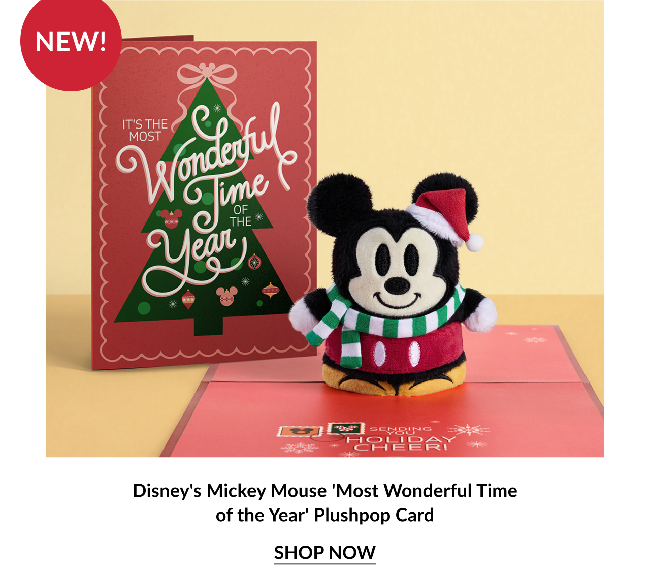 Disney Mickey Mouse Most Wonderful Time of the Year plushpop card with plush Mickey in Santa hat and striped scarf labeled New