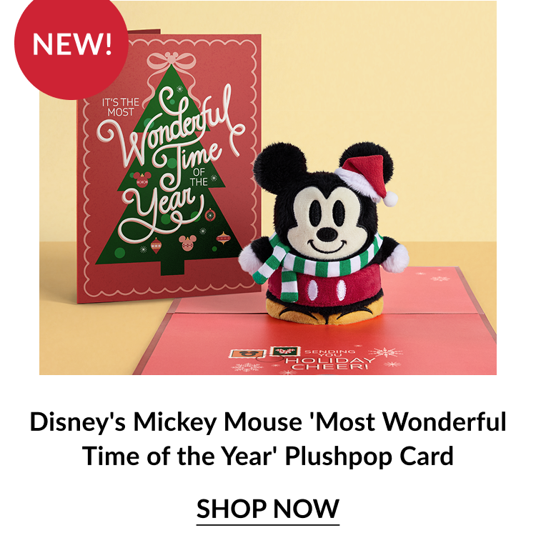 Disney Mickey Mouse Most Wonderful Time of the Year plushpop card with plush Mickey in Santa hat and striped scarf labeled New