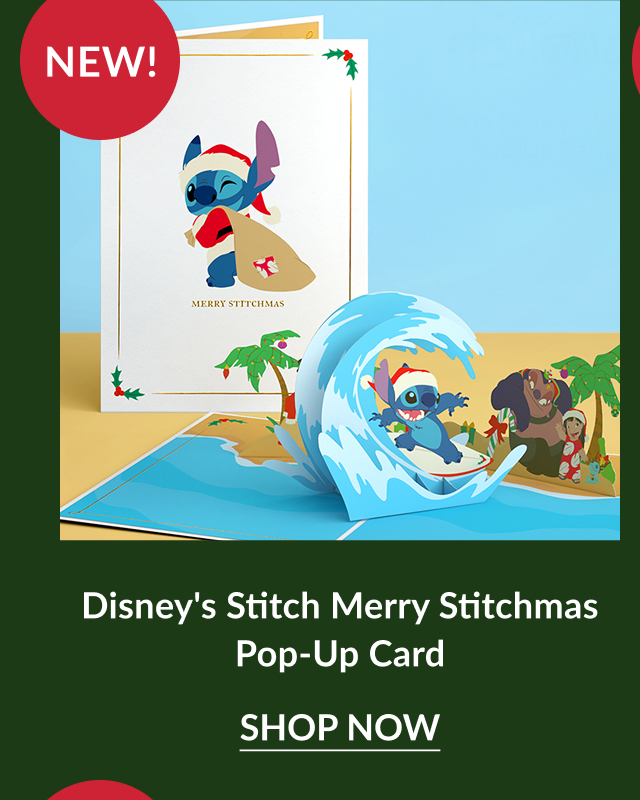 Disney Stitch Merry Stitchmas pop up card featuring Stitch surfing with Santa hat labeled New