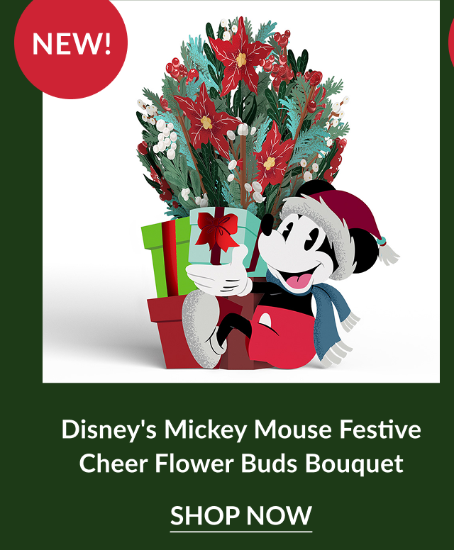 New Mickey Mouse Festive Cheer Flower Buds Bouquet featuring Mickey in a winter hat holding a gift labeled New