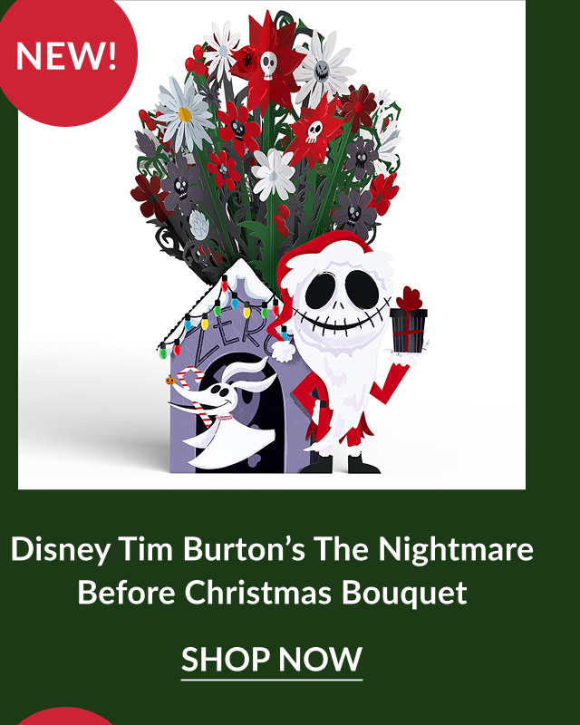 Disney Tim Burton’s The Nightmare Before Christmas bouquet with Jack Skellington and Zero holding holiday gifts labeled New