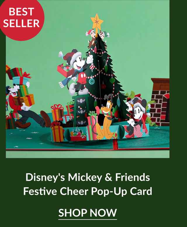 Mickey and Friends Festive Cheer pop up card with characters decorating a Christmas tree labeled Best Seller
