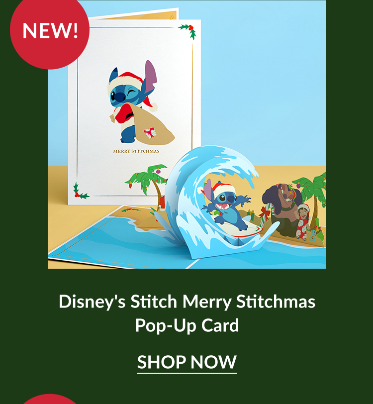 Disney Stitch Merry Stitchmas pop up card featuring Stitch surfing with Santa hat labeled New