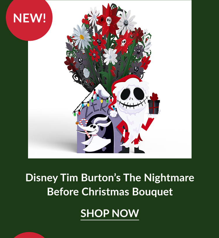 Disney Tim Burton’s The Nightmare Before Christmas bouquet with Jack Skellington and Zero holding holiday gifts labeled New