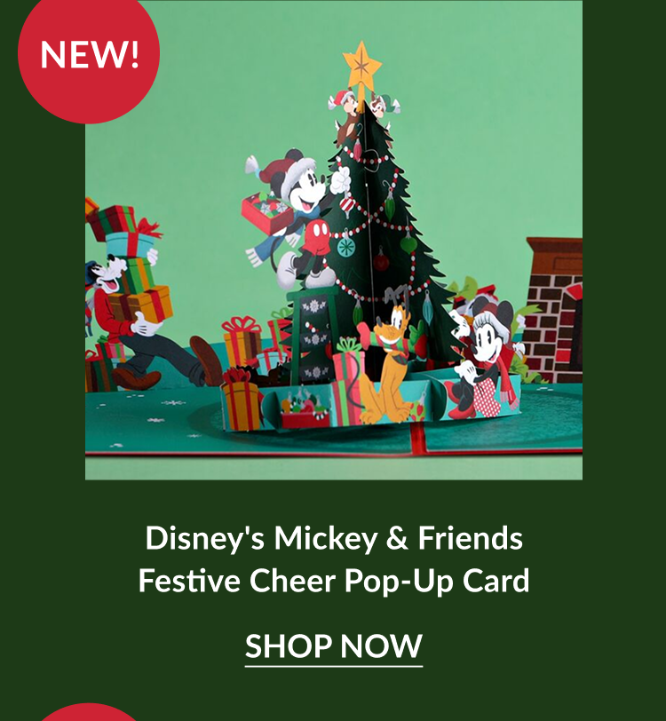 Mickey and Friends Festive Cheer pop up card with characters decorating a Christmas tree labeled New