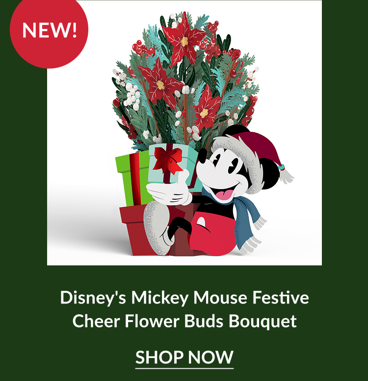New Mickey Mouse Festive Cheer Flower Buds Bouquet featuring Mickey in a winter hat holding a gift labeled New