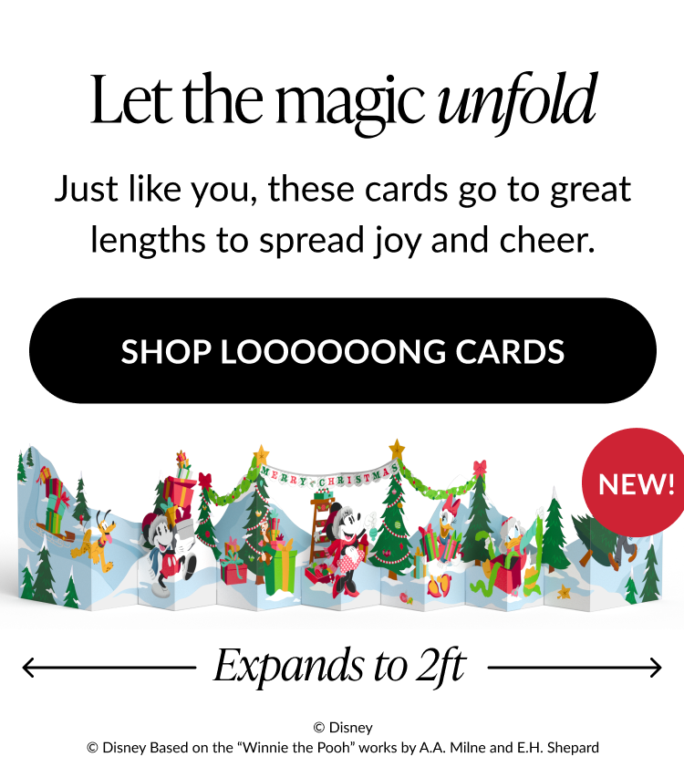 Long foldout holiday card featuring Mickey and Friends in a snowy Christmas scene with text Let the magic unfold and Expands to 2ft labeled New