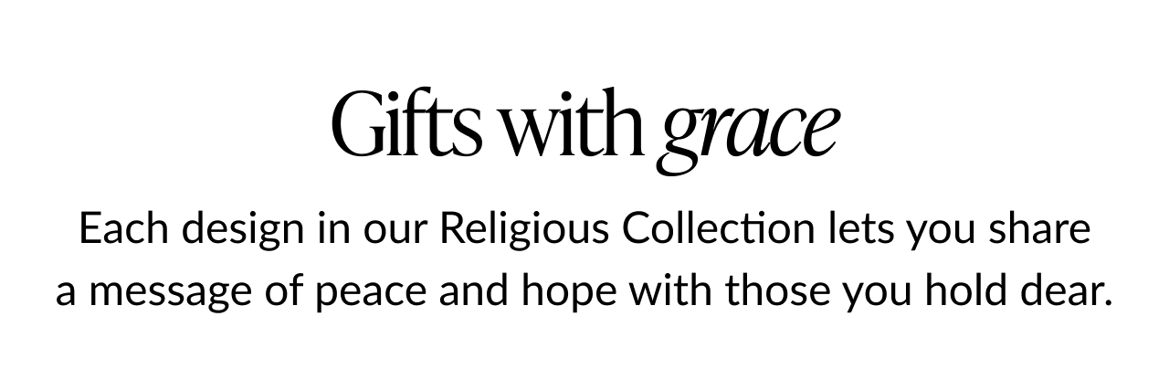 Gifts with grace headline with text about sharing peace and hope through religious cards