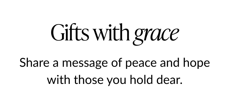Gifts with grace headline with text about sharing peace and hope through religious cards