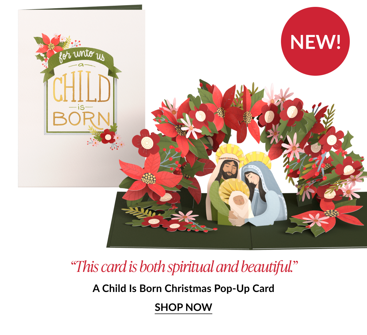 A Child Is Born Christmas pop up card featuring Holy Family surrounded by red and white poinsettias labeled New