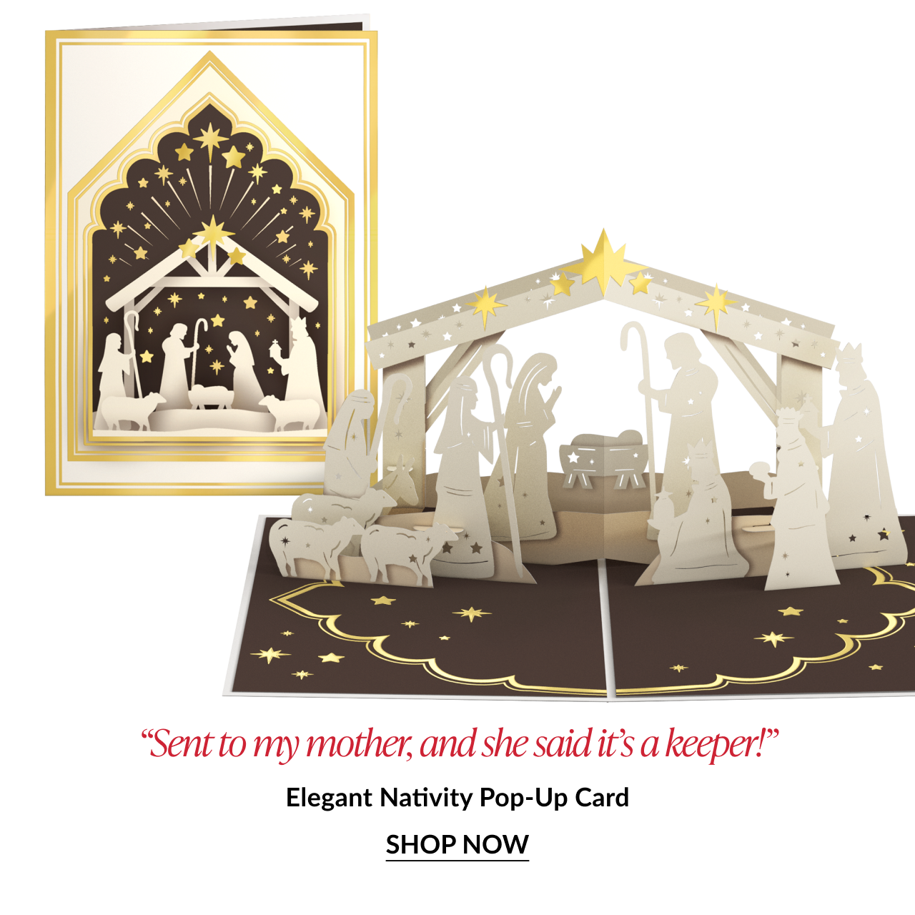 Elegant Nativity pop up card with gold and cream silhouettes of the nativity scene and guiding star