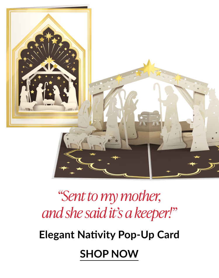 Elegant Nativity pop up card with gold and cream silhouettes of the nativity scene and guiding star