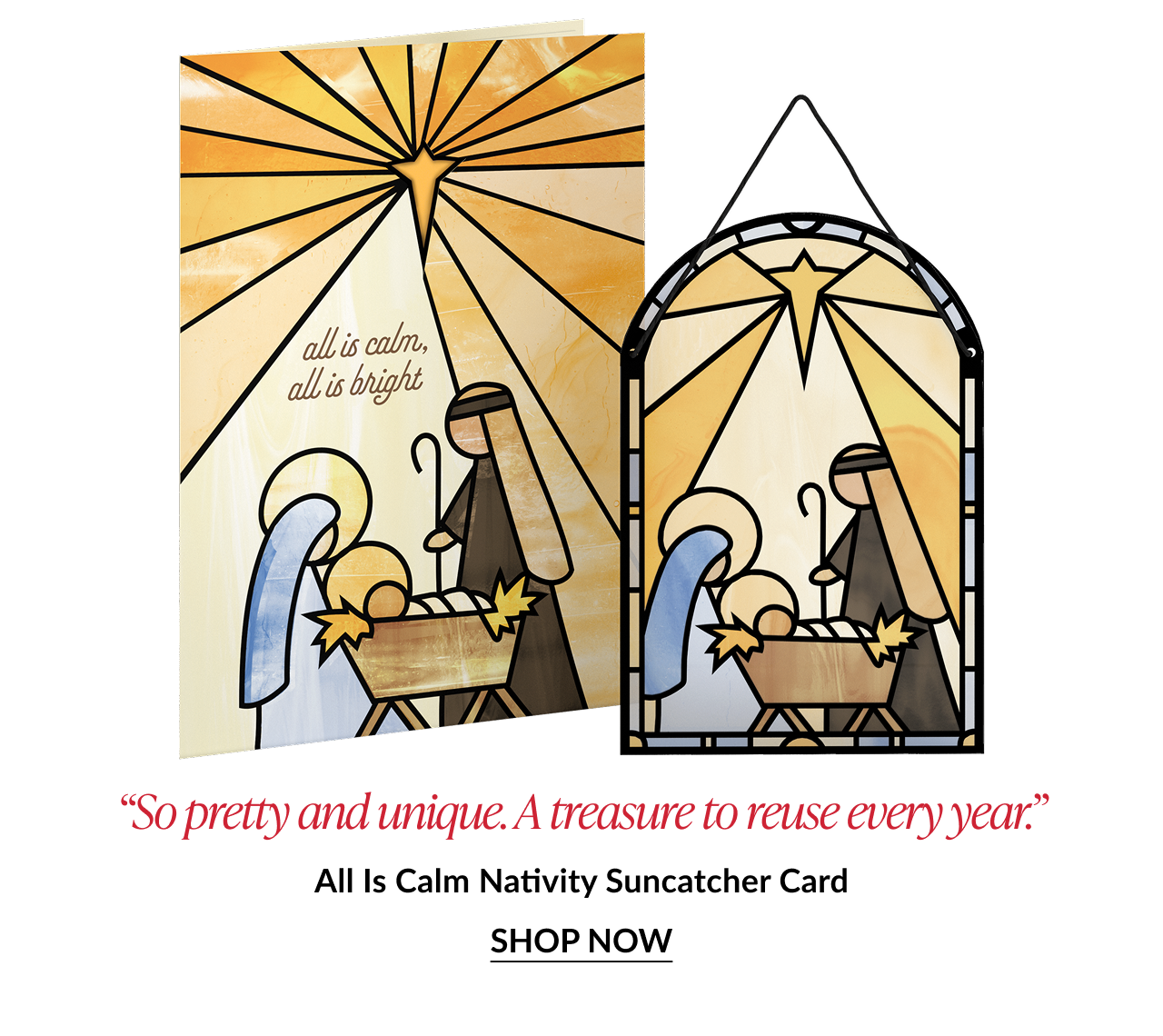 All Is Calm Nativity suncatcher card with stained glass style Holy Family design and hanging suncatcher