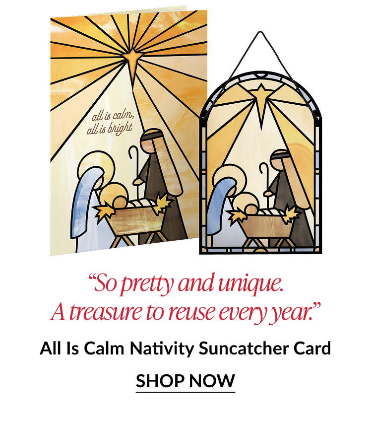 All Is Calm Nativity suncatcher card with stained glass style Holy Family design and hanging suncatcher