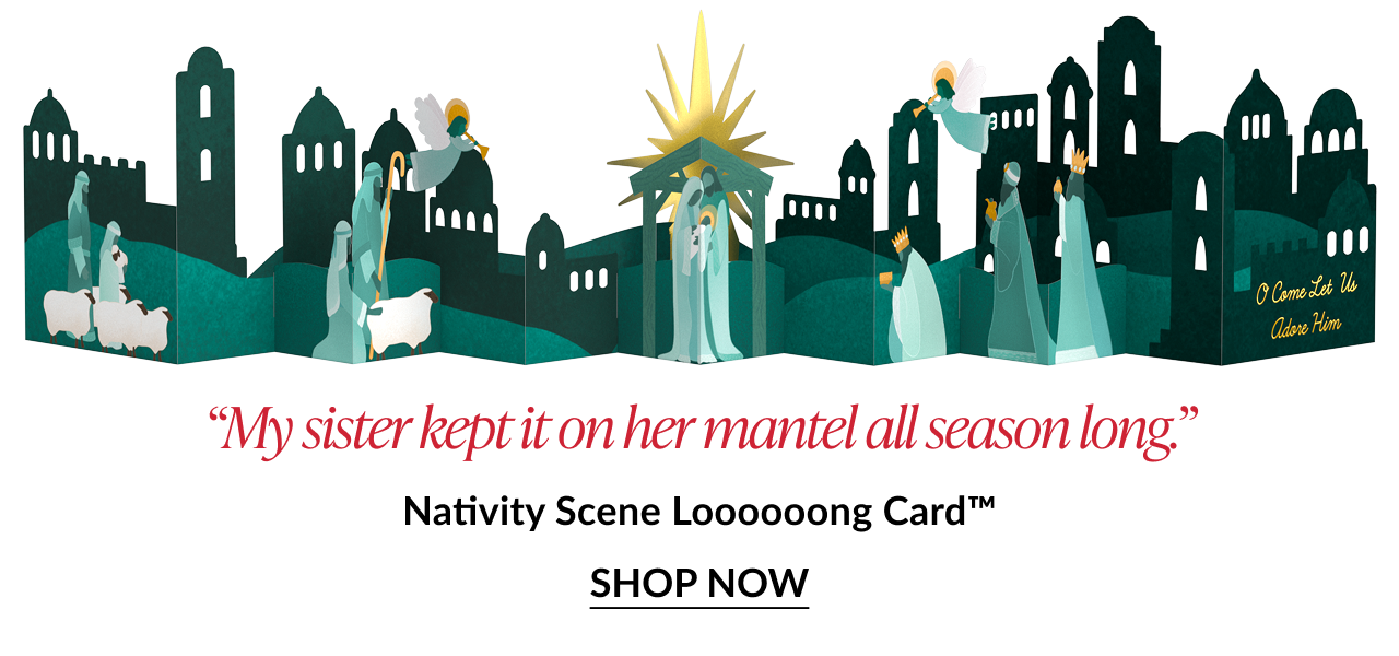Nativity Scene Loooooong Card featuring a foldout Bethlehem scene with angels shepherds and Holy Family