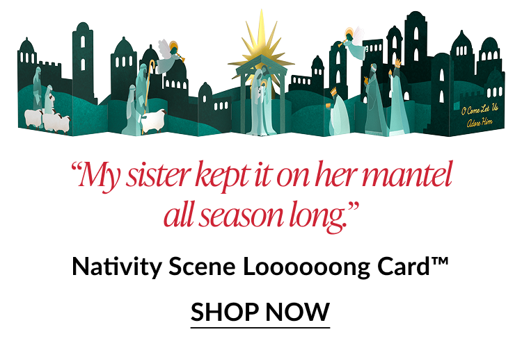 Nativity Scene Loooooong Card featuring a foldout Bethlehem scene with angels shepherds and Holy Family