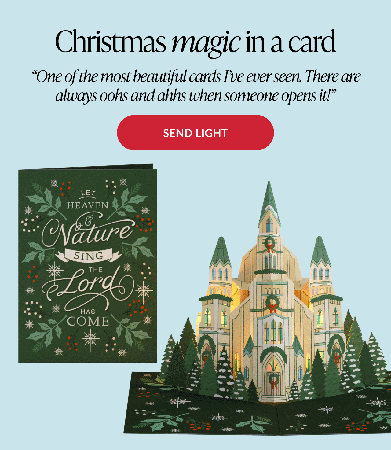 Christmas magic in a card headline with illuminated cathedral pop up card and Send Light button