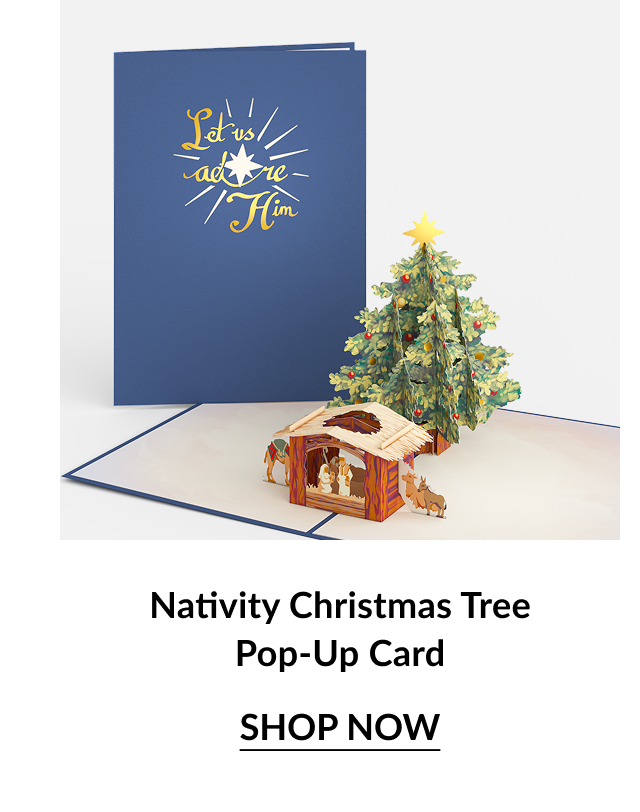Nativity Christmas Tree pop up card with Let Us Adore Him cover and 3D tree and manger scene