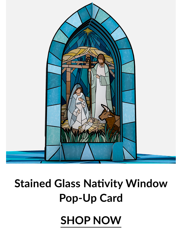 Stained Glass Nativity Window pop up card featuring Holy Family in blue stained glass arch