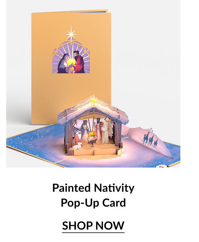 Painted Nativity pop up card with colorful manger scene and star shining above