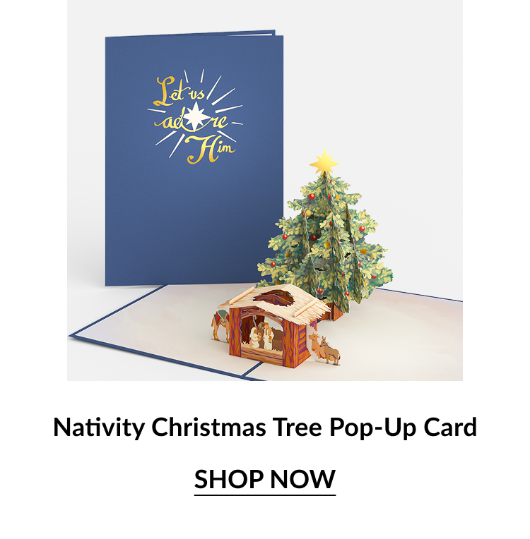 Nativity Christmas Tree pop up card with Let Us Adore Him cover and 3D tree and manger scene