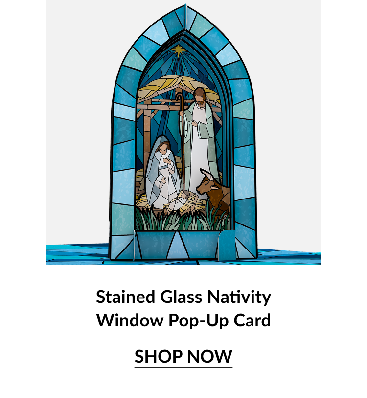 Stained Glass Nativity Window pop up card featuring Holy Family in blue stained glass arch