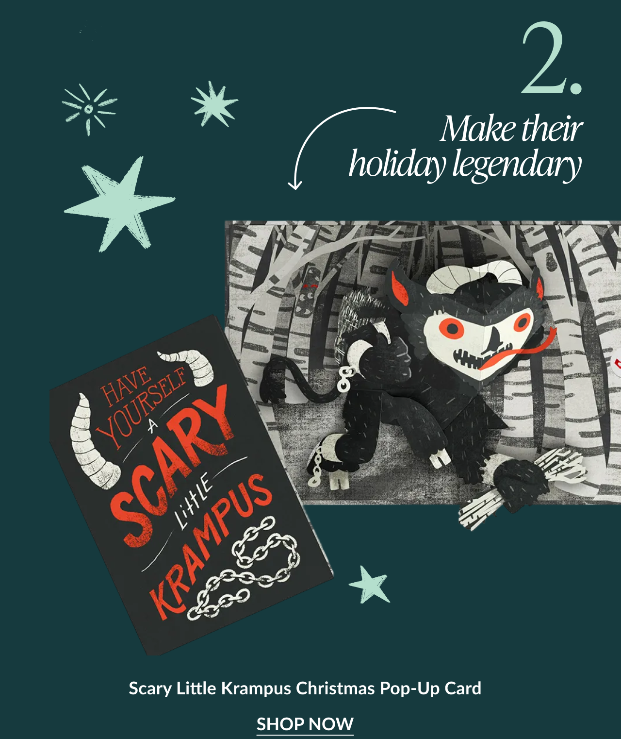 Scary Little Krampus Christmas Pop-Up Card featuring spooky black and white Krampus figure in forest with caption make their holiday legendary and shop now button